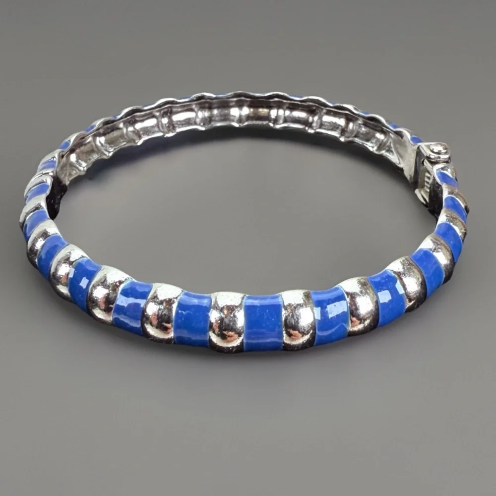 Vintage Silvertone and Blue Bangle Hinged Bracelet